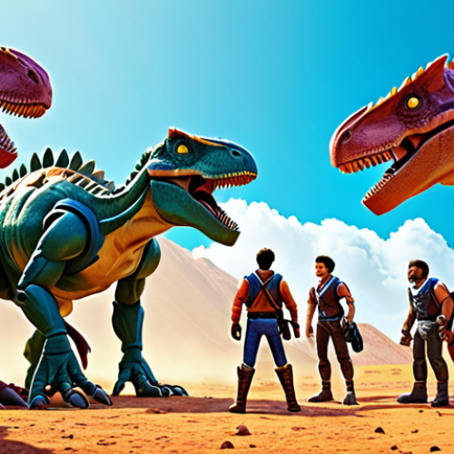 Home 4 **
A vibrant and energetic scene inspired by the Dino Mecard Season 1 opening. The visual style evokes classic animation, with bold colors and dynamic poses. Feature the main characters in action, ready for an adventure, surrounded by stylized dinosaur mecha. The overall mood should be heroic and inviting, capturing the initial excitement of the series.
**