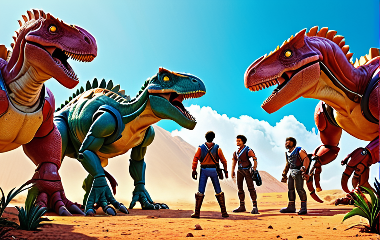 **
A vibrant and energetic scene inspired by the Dino Mecard Season 1 opening. The visual style evokes classic animation, with bold colors and dynamic poses. Feature the main characters in action, ready for an adventure, surrounded by stylized dinosaur mecha. The overall mood should be heroic and inviting, capturing the initial excitement of the series.
**