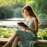 공룡메카드 주인공 우정 스토리 - A serene outdoor scene depicting a young woman, around 20 years old, with long, flowing brown hair, ...