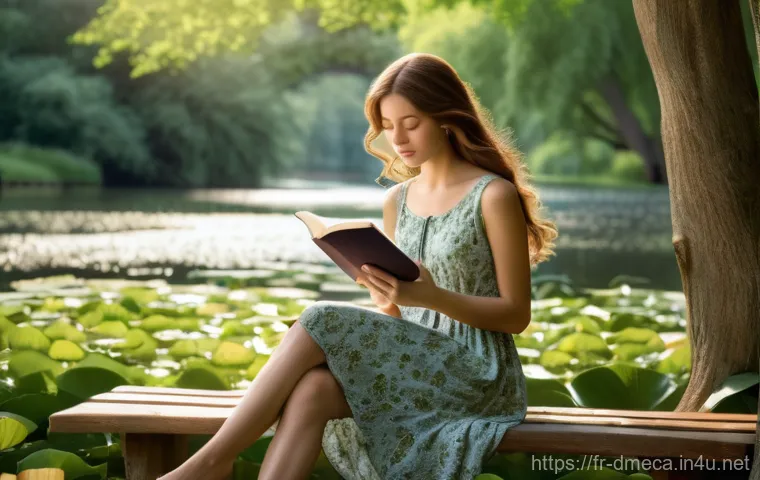 공룡메카드 주인공 우정 스토리 - A serene outdoor scene depicting a young woman, around 20 years old, with long, flowing brown hair, ...