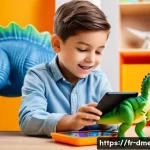 Home 21 공룡메카드 출시 연도와 초기 반응 - A highly detailed scene of a child wearing casual modern clothing and playing with Dinosaure Mecard ...