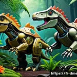 Home 20 공룡메카드 제작진의 의도 분석 - A vivid and dynamic scene of futuristic robotic dinosaurs in a lush prehistoric jungle, blending int...
