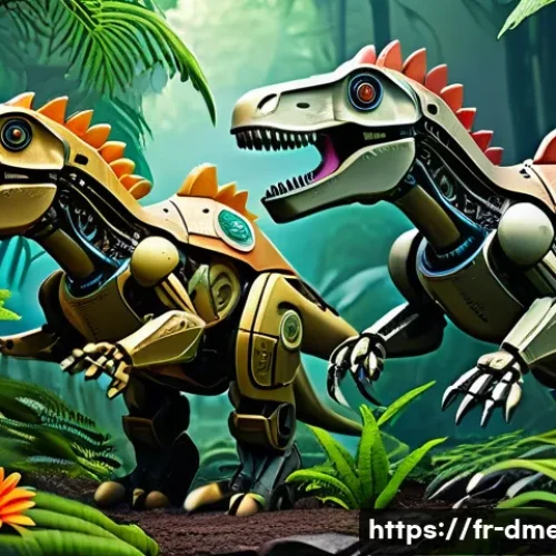 Home 32 공룡메카드 제작진의 의도 분석 - A vivid and dynamic scene of futuristic robotic dinosaurs in a lush prehistoric jungle, blending int...