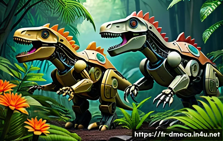 공룡메카드 제작진의 의도 분석 - A vivid and dynamic scene of futuristic robotic dinosaurs in a lush prehistoric jungle, blending int...