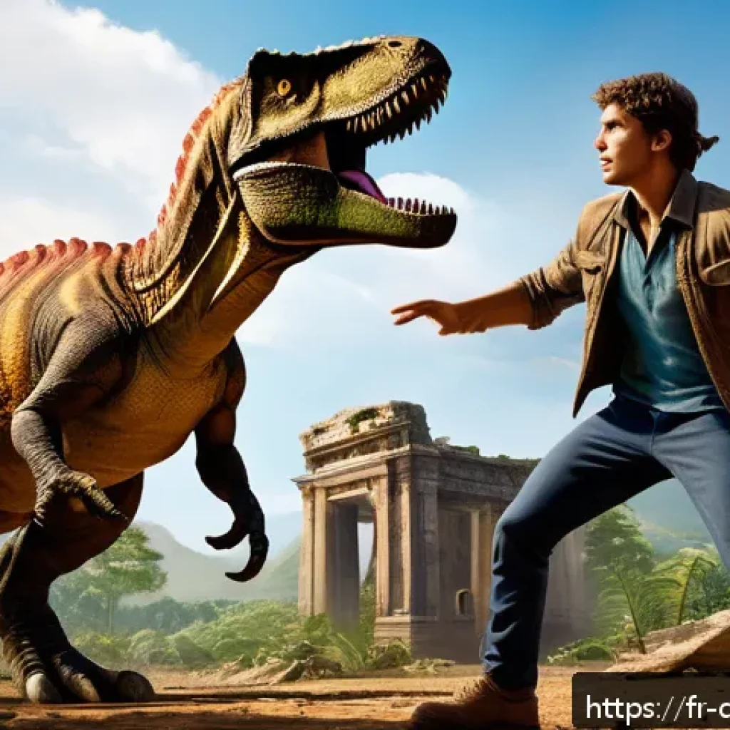 공룡메카드 명장면 회고 - A dynamic scene depicting a tense duel from Dinosaur Mecard featuring two young heroes clad in casua...