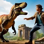 Home 19 공룡메카드 명장면 회고 - A dynamic scene depicting a tense duel from Dinosaur Mecard featuring two young heroes clad in casua...