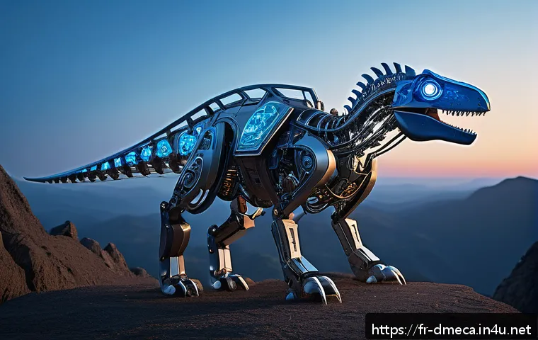 공룡메카드 관련 공룡 이름과 설명 - A futuristic mechanical dinosaur inspired by prehistoric reptiles, featuring sleek angular metal joi...