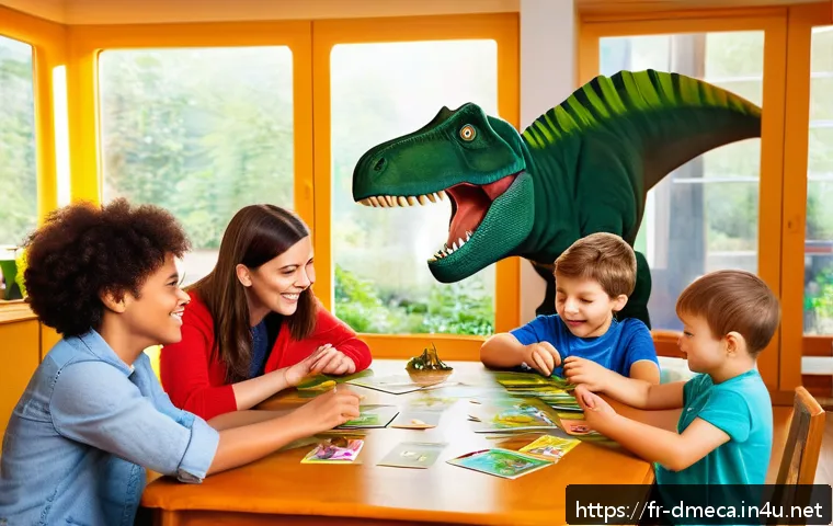 공룡메카드의 교육적 요소 분석 - A lively family scene in a cozy French living room, parents and two children playing an educational ...