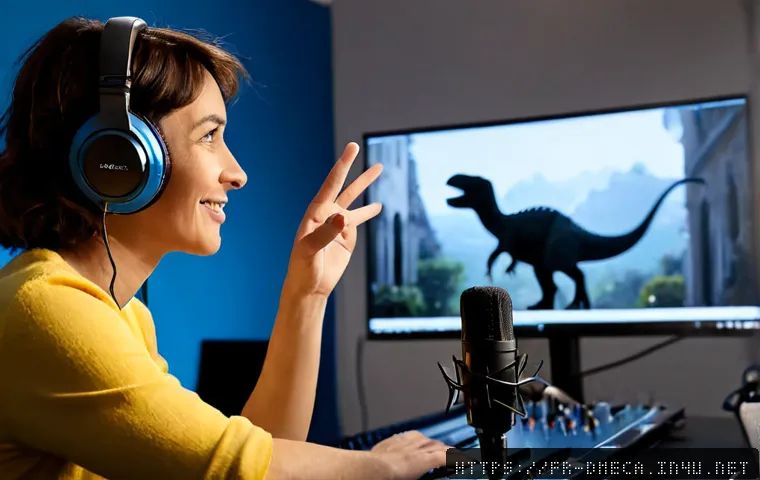 공룡메카드 주인공 성우 정보 - Photorealistic French voice actor in a modern Paris recording studio, wearing headphones and speakin...